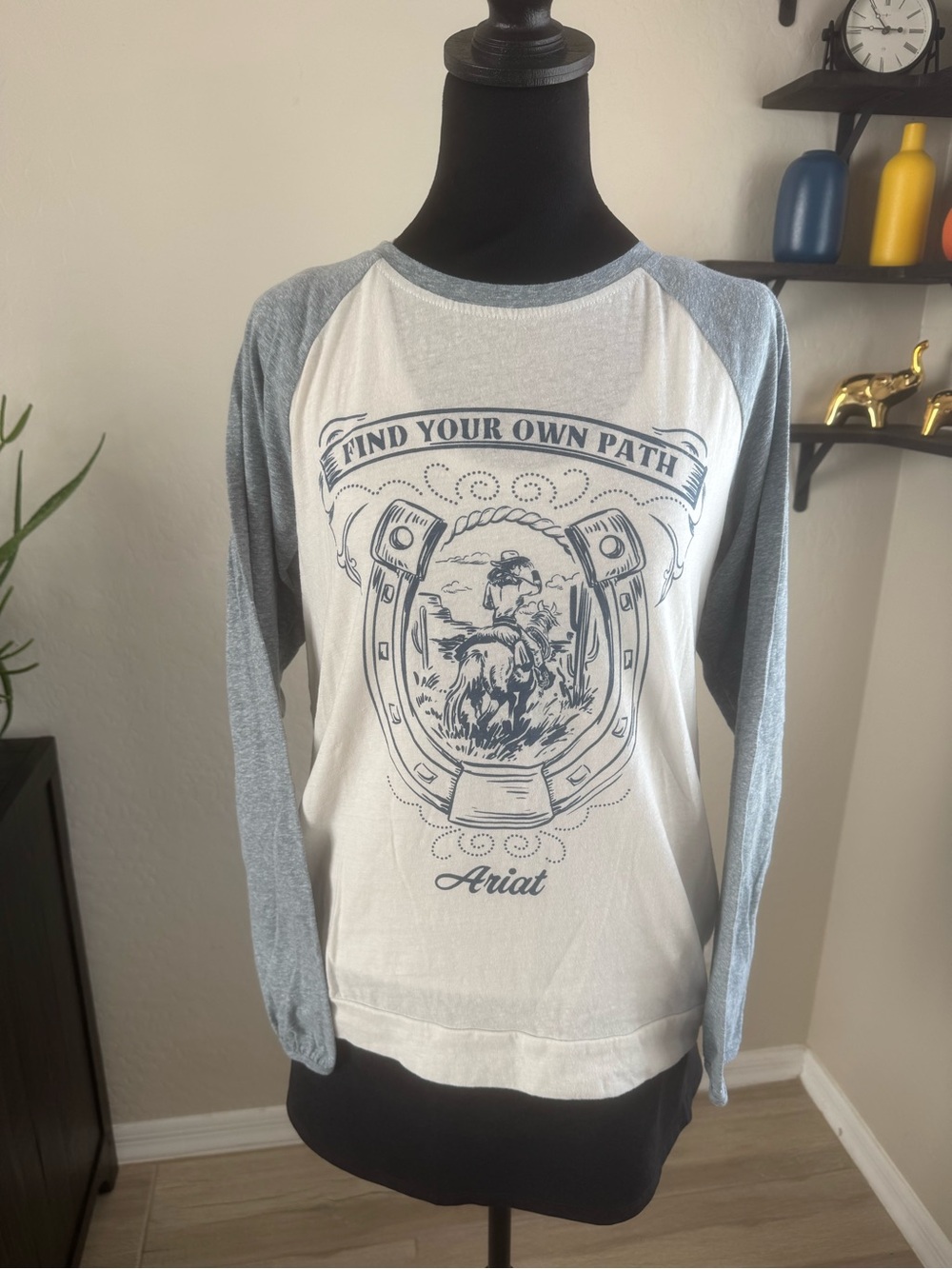 Ariat Long-Sleeve Raglan Tee in White and Light Blue